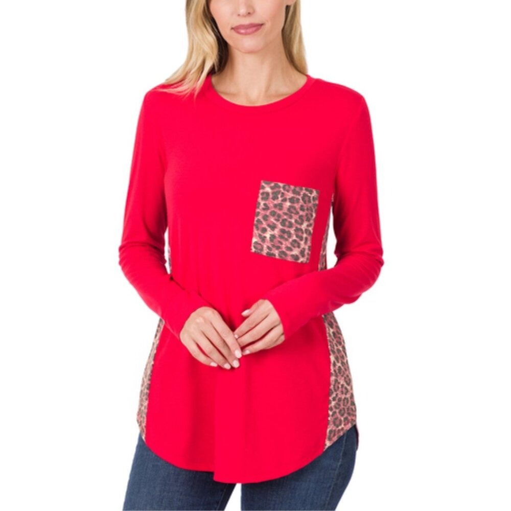 ZENANA Red Leopard Print Pocket Long Sleeve Tunic Top Women's Casual Size L NWT